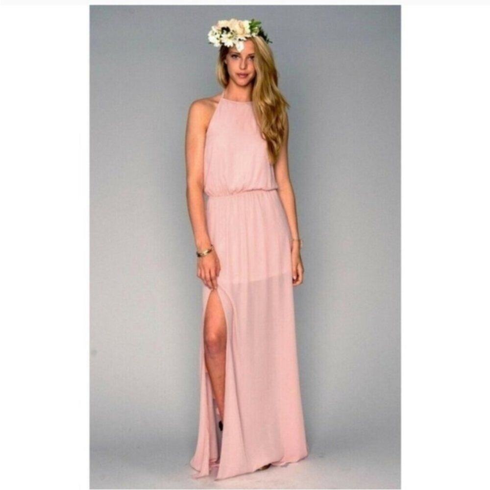 Show Me Your Mumu SMYM Heather halter maxi dress in Frosty Pink Chiffon NEW MED